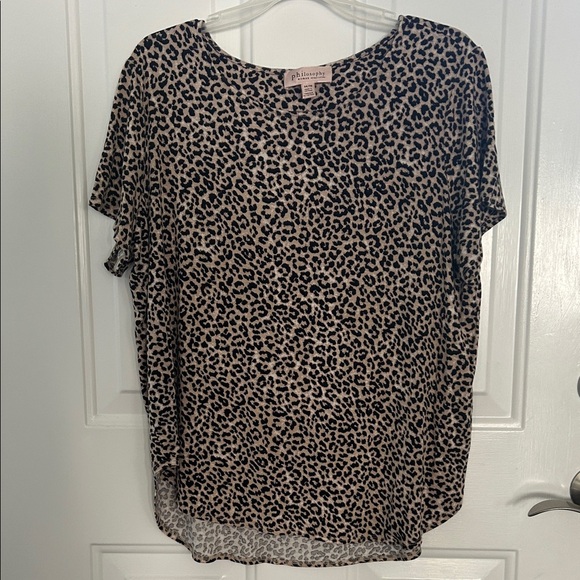 Philosophy Women’s Black and Tan Leopard Print Short Sleeve Tee Shirt Size 1X - Picture 1 of 5